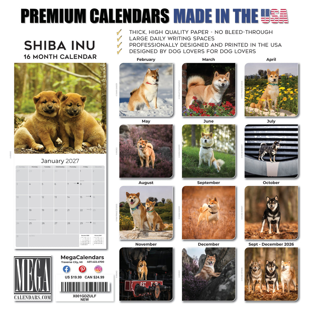Shiba Inu Wall Calendar 2027 - 12" x 12" Monthly Spirited & Independent Japanese Dog Breed Calendar