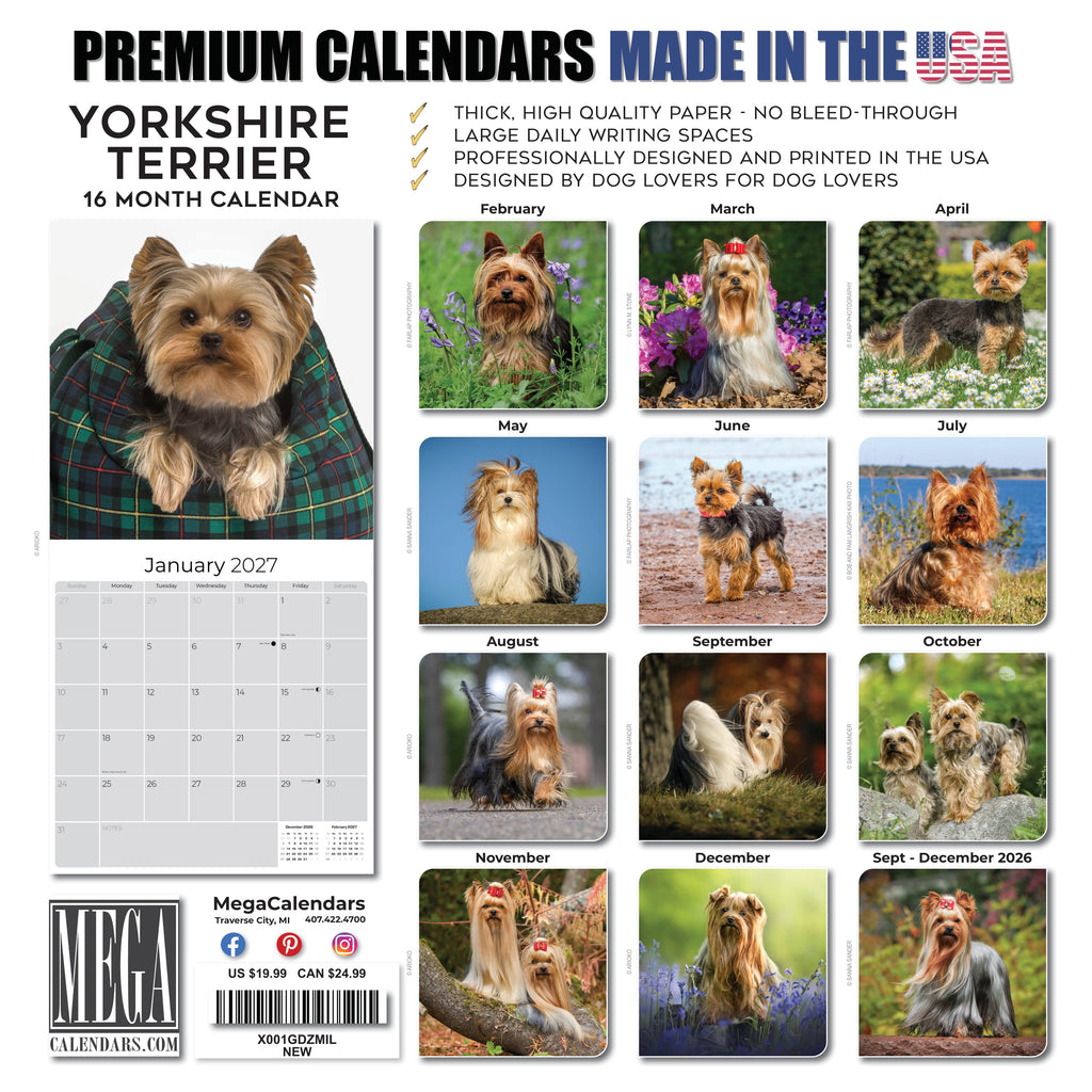Yorkshire Terrier Wall Calendar 2027 - 12" x 12" Monthly Bold & Affectionate Yorkie Dog Breed Calendar
