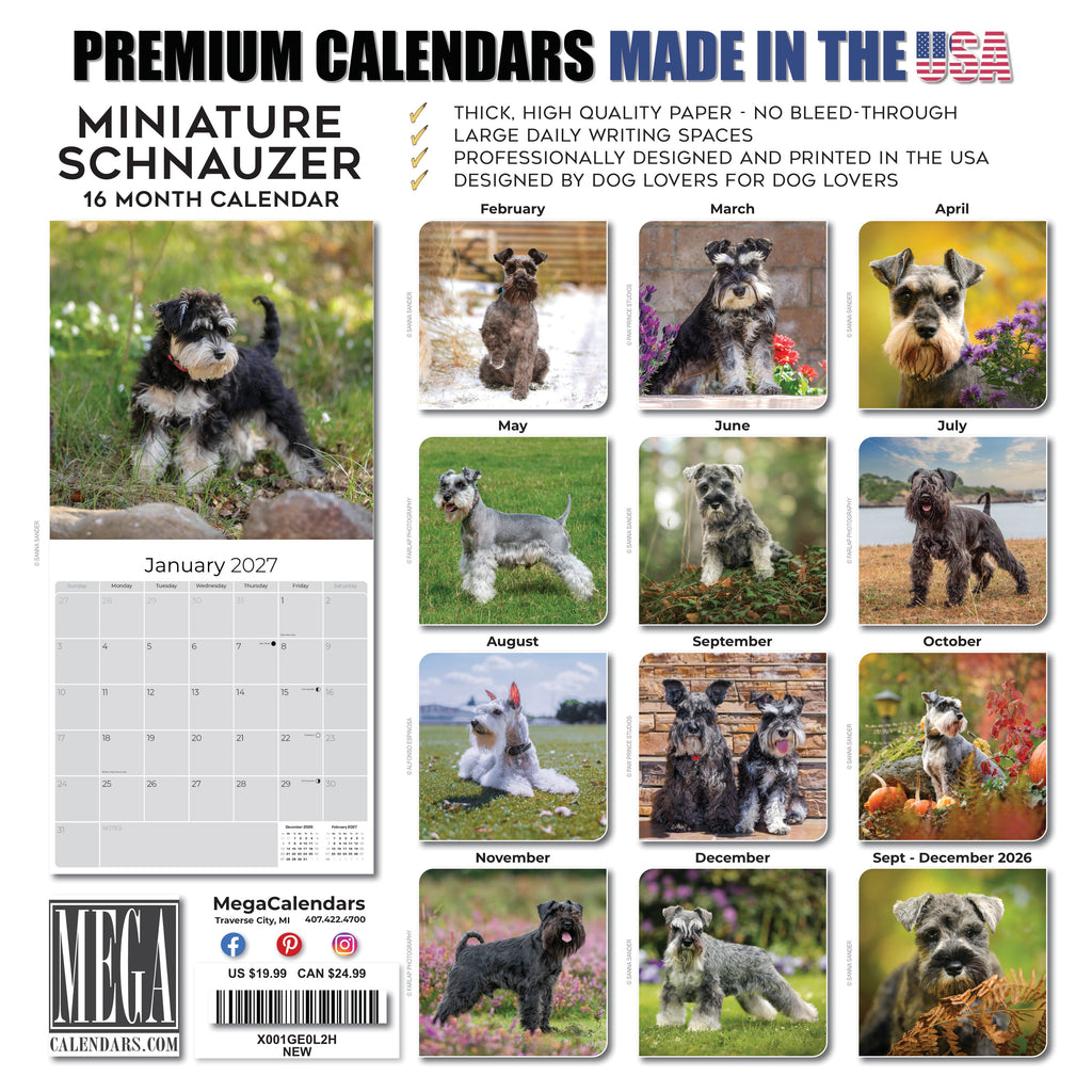 Miniature Schnauzer Wall Calendar 2027 - 12" x 12" Monthly Bearded Terrier & Spirited Small Schnauzer Calendar