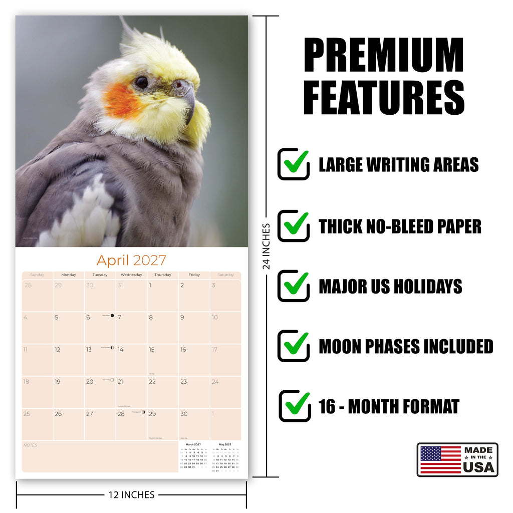 Cockatiels Wall Calendar 2027 - 12" x 12" Monthly Bird Breed Calendar