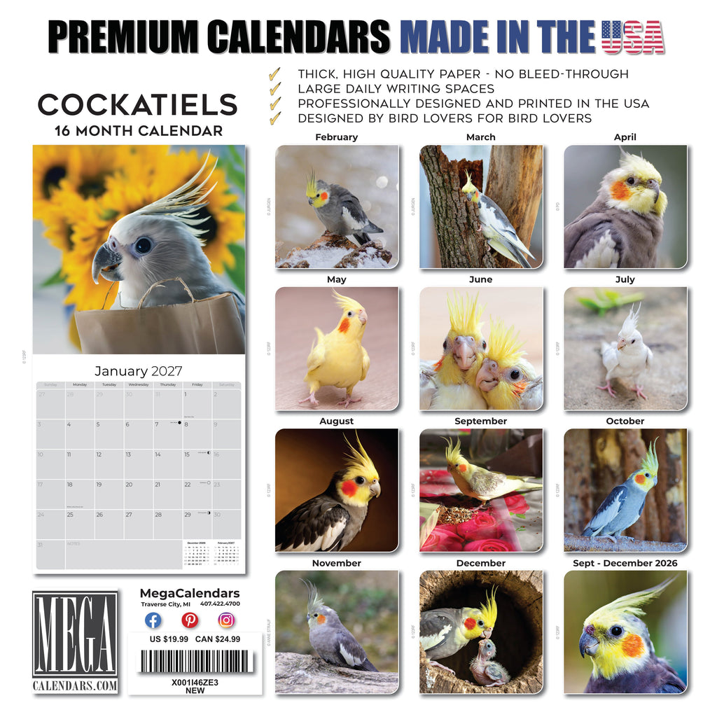 Cockatiels Wall Calendar 2027 - 12" x 12" Monthly Bird Breed Calendar
