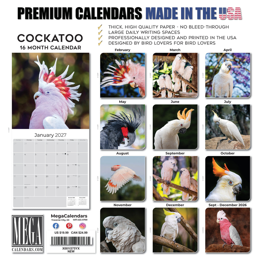 Cockatoos Wall Calendar 2027 - 12" x 12" Monthly Bird Breed Calendar