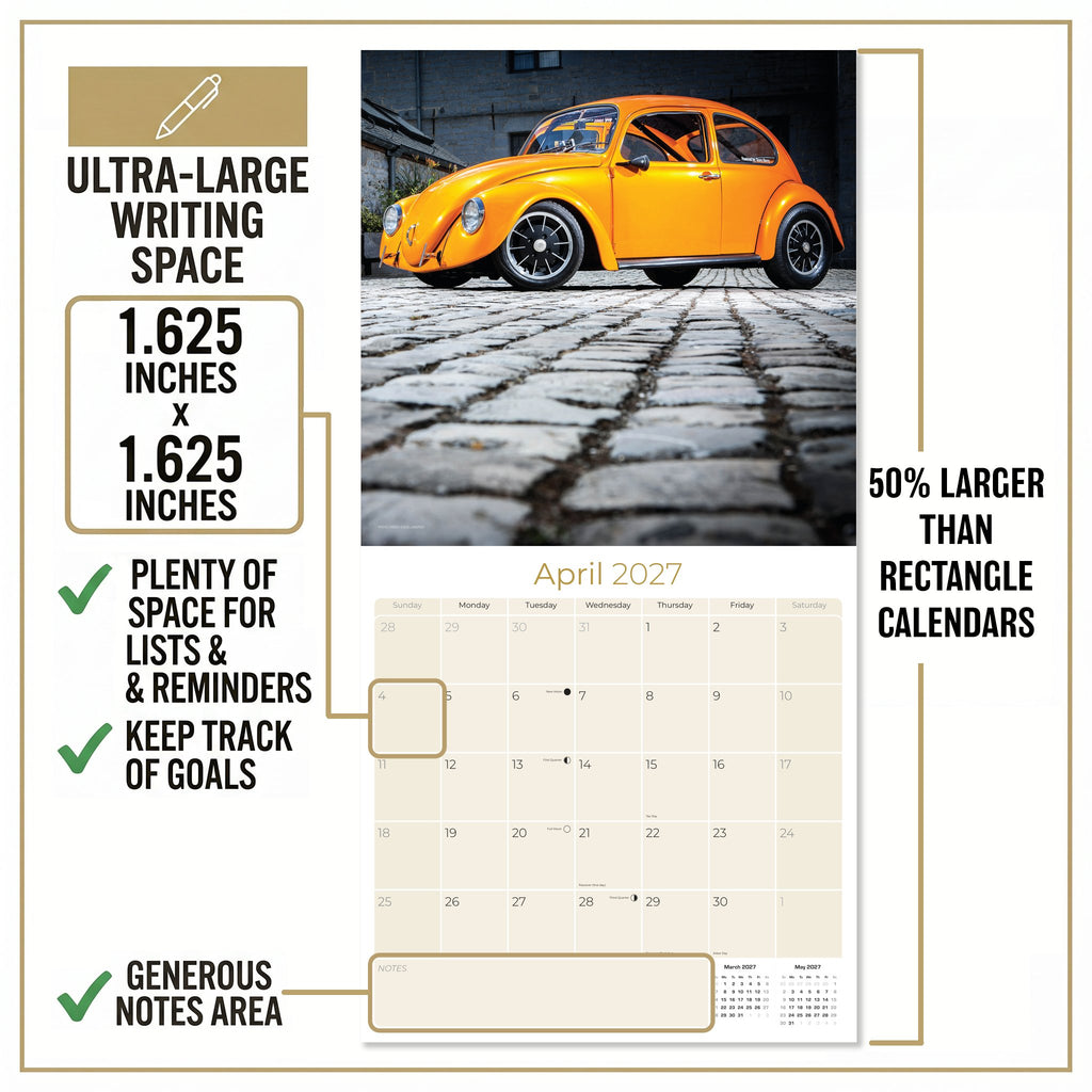 Vintage Bug Wall Calendar 2027 - 12" x 12" Monthly Classic Car Calendar