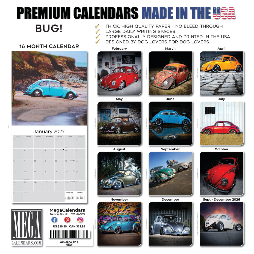 Vintage Bug Wall Calendar 2027 - 12" x 12" Monthly Classic Car Calendar