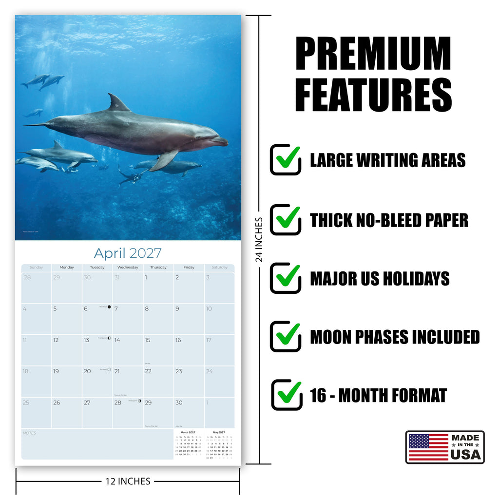 Dolphins Wall Calendar 2027 - 12" x 12" Monthly Breathtaking Ocean Dolphins & Marine Life Scenery Calendar