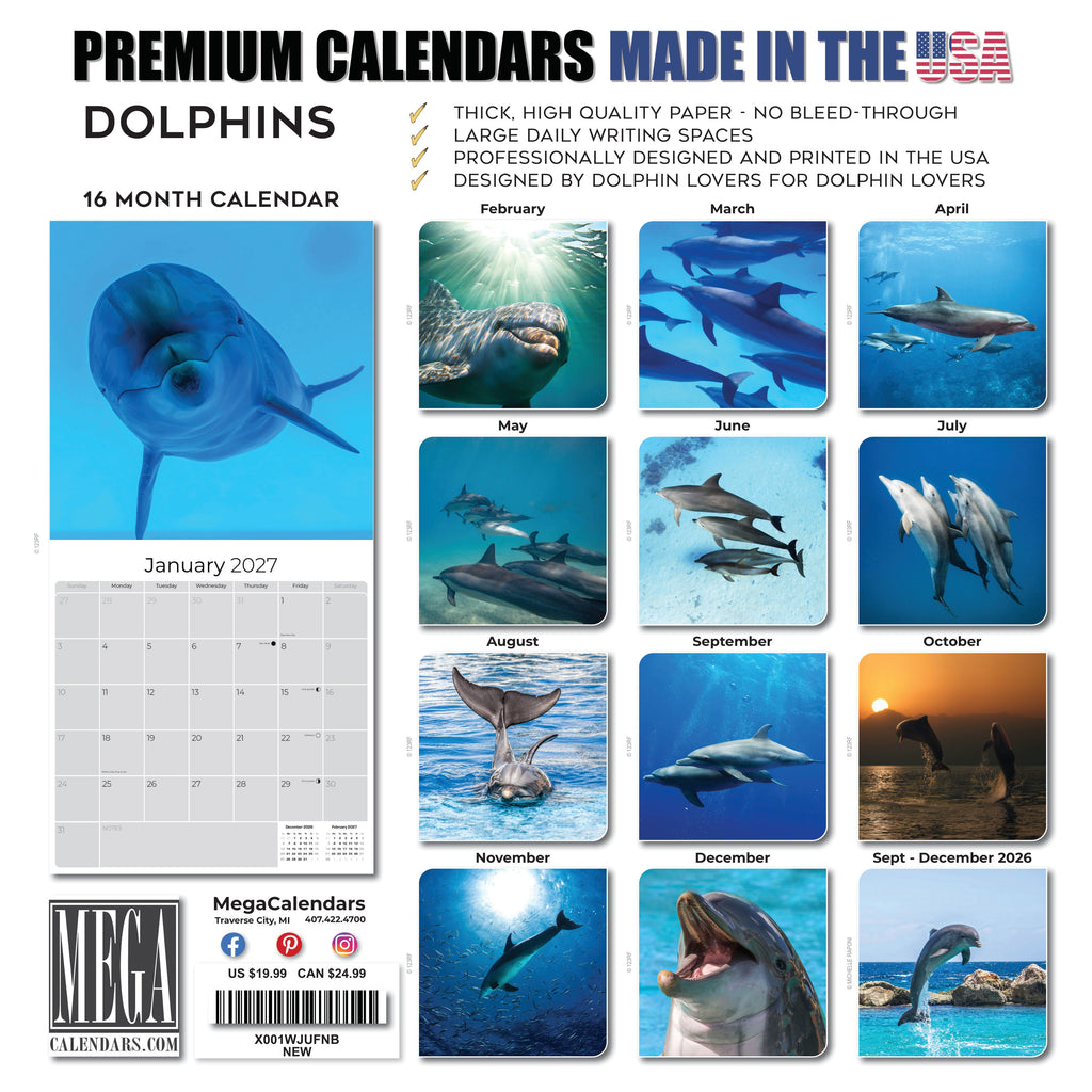 Dolphins Wall Calendar 2027 - 12" x 12" Monthly Breathtaking Ocean Dolphins & Marine Life Scenery Calendar