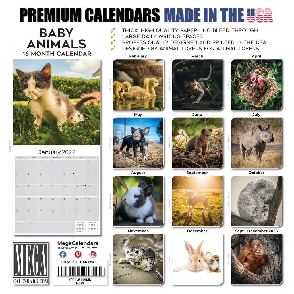 Baby Animals Wall Calendar 2027 - 12" x 12" Monthly Heartwarming & Playful Cute Wildlife Calendar