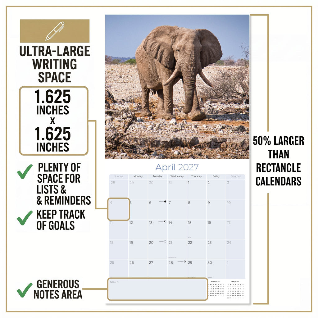 Elephants Wall Calendar 2027 - 12" x 12" Monthly Majestic African Elephants & Wild Herd Nature Calendar