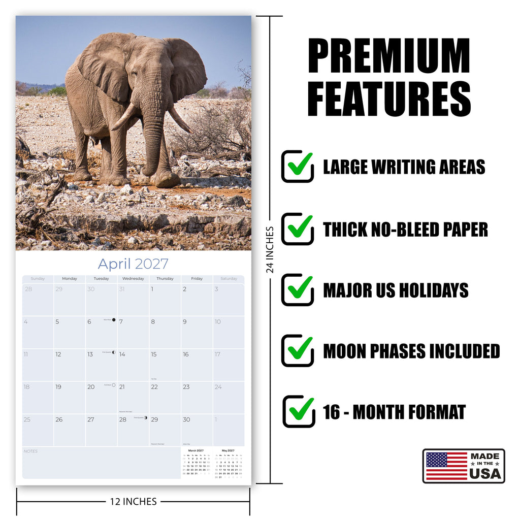 Elephants Wall Calendar 2027 - 12" x 12" Monthly Majestic African Elephants & Wild Herd Nature Calendar