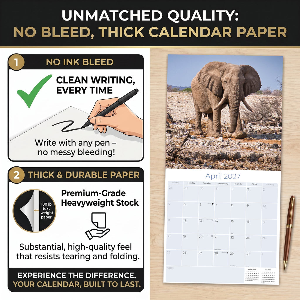 Elephants Wall Calendar 2027 - 12" x 12" Monthly Majestic African Elephants & Wild Herd Nature Calendar