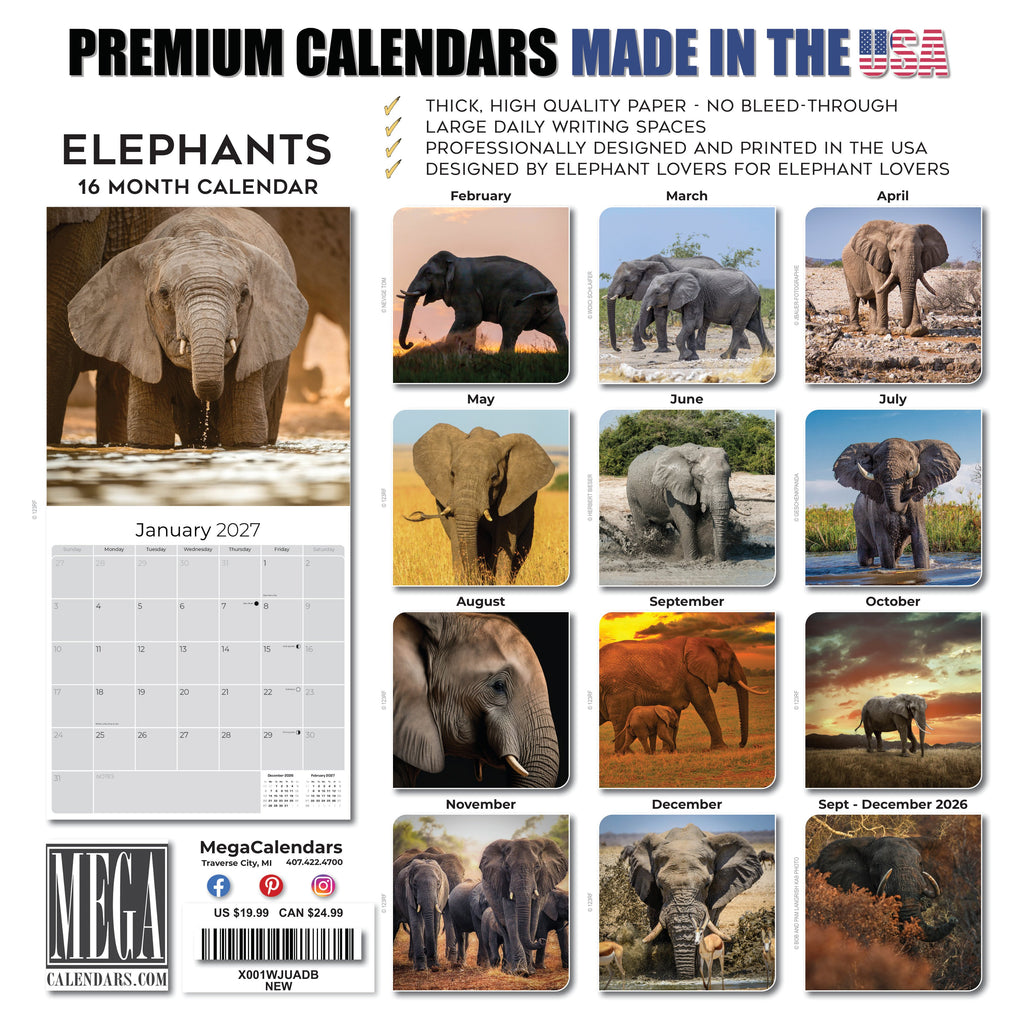 Elephants Wall Calendar 2027 - 12" x 12" Monthly Majestic African Elephants & Wild Herd Nature Calendar