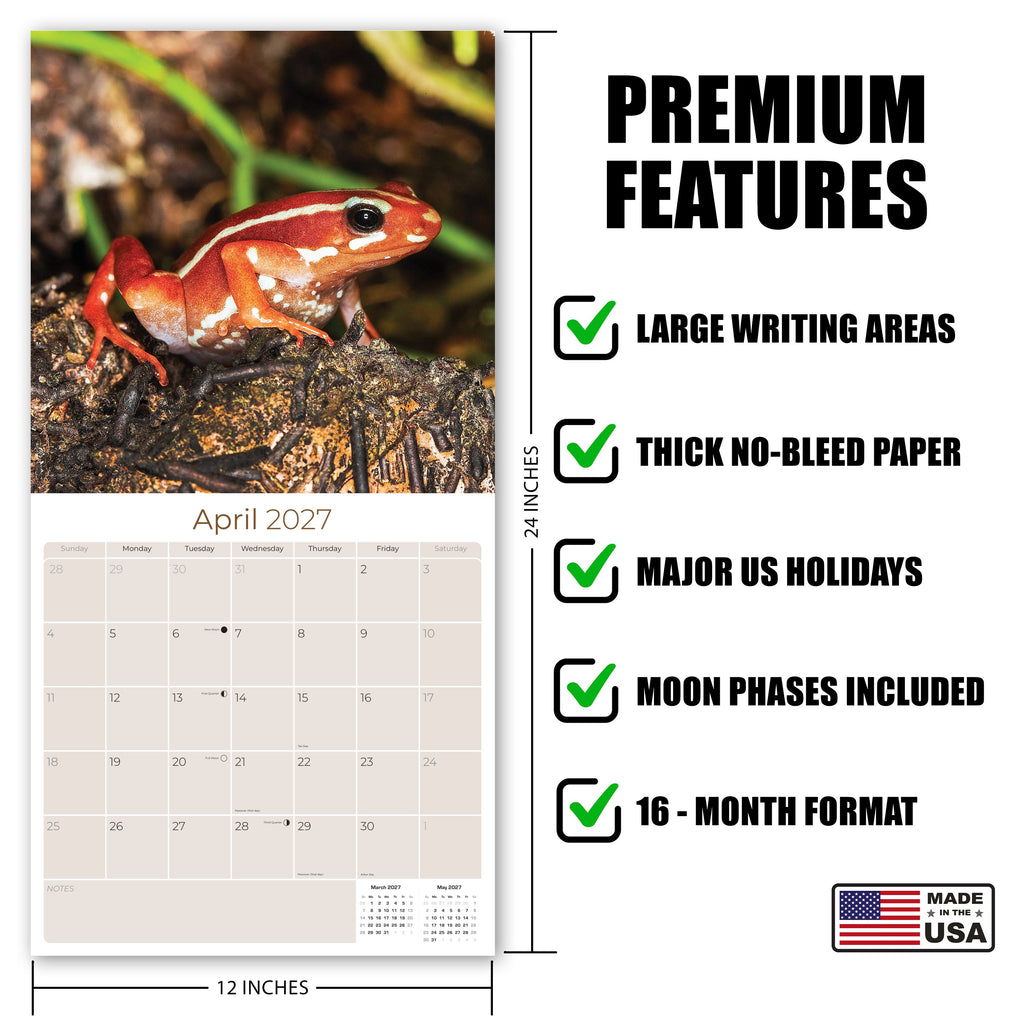 Frogs Wall Calendar 2027 - 12" x 12" Monthly Colorful Exotic Tree Frogs Amphibian Nature Calendar