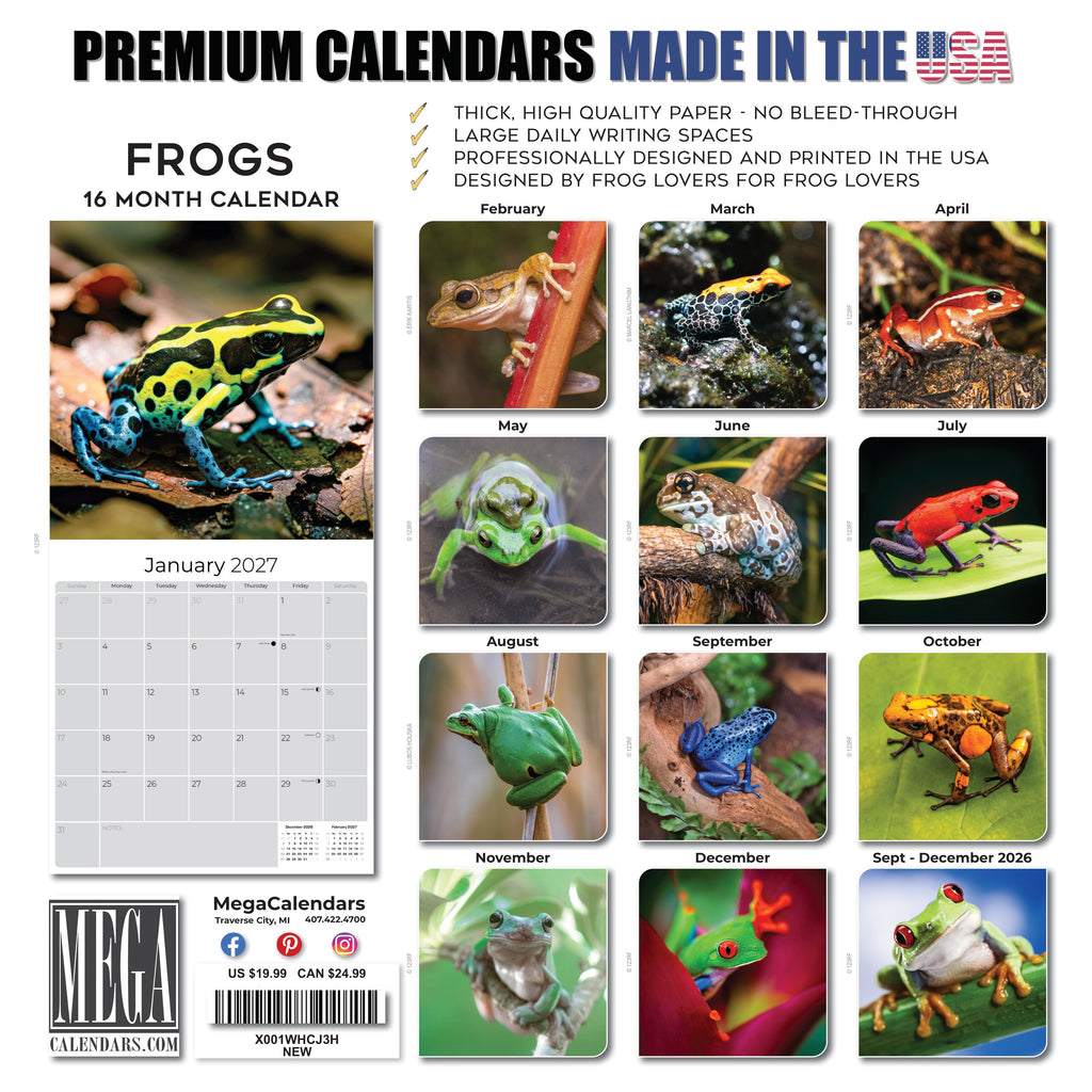 Frogs Wall Calendar 2027 - 12" x 12" Monthly Colorful Exotic Tree Frogs Amphibian Nature Calendar