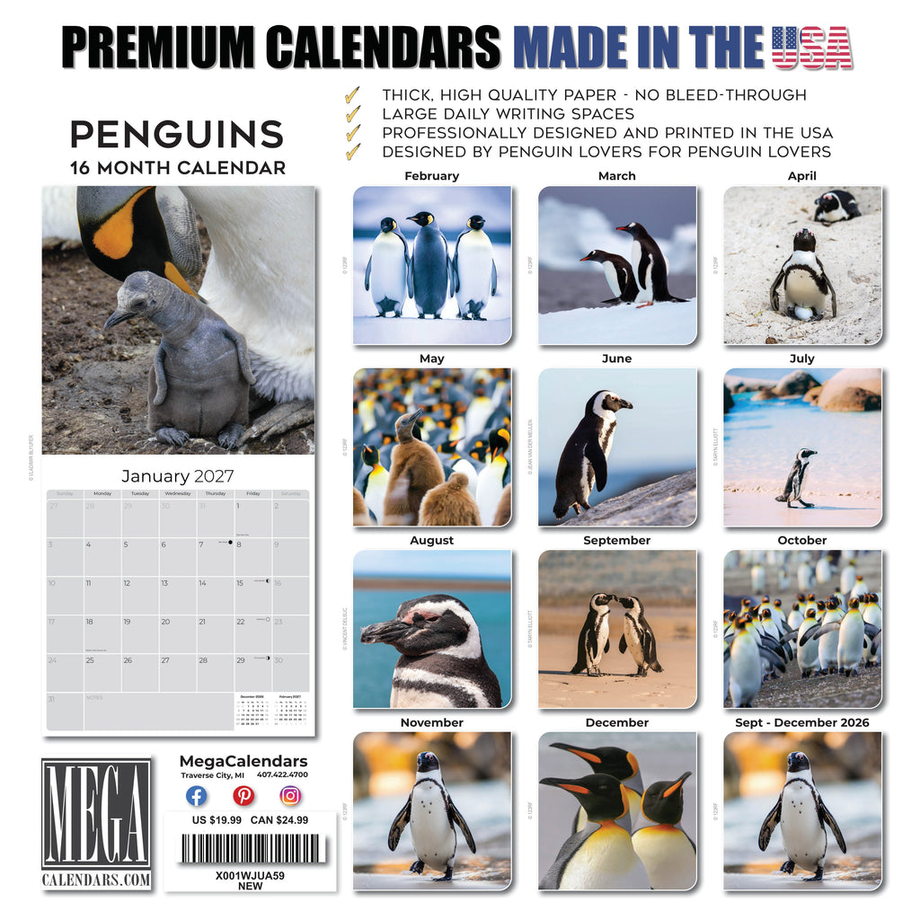 Penguins Wall Calendar 2027 - 12" x 12" Monthly Resilient Antarctic Wildlife & Playful Pod Calendar