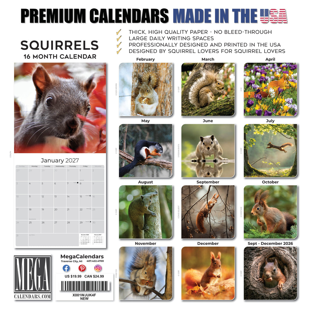 Squirrels Wall Calendar 2027 - 12" x 12" Monthly Playful & Energetic Backyard Wildlife Nature Calendar
