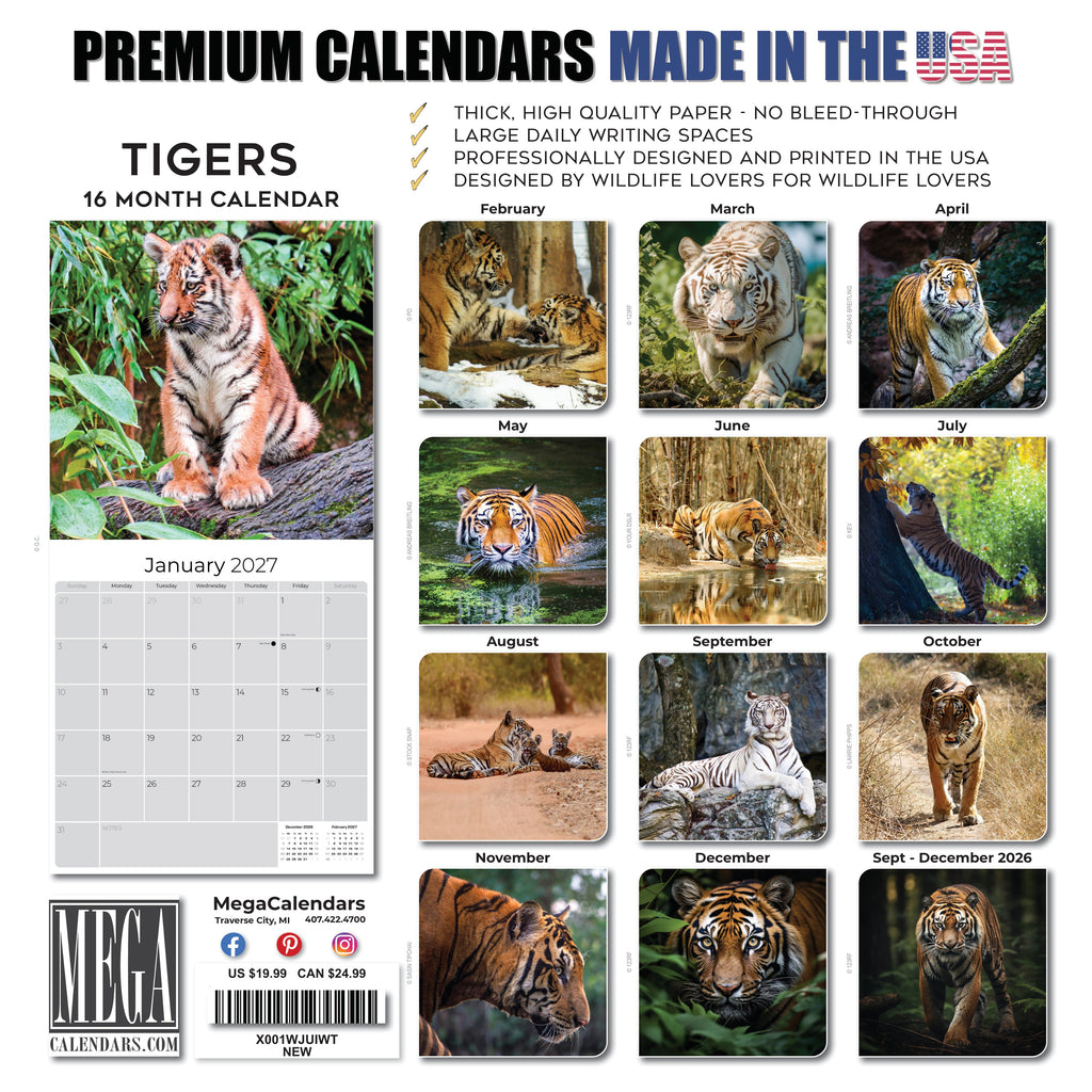 Tigers Wall Calendar 2027 - 12" x 12" Monthly Majestic & Powerful Big Cat Wildlife Nature Calendar