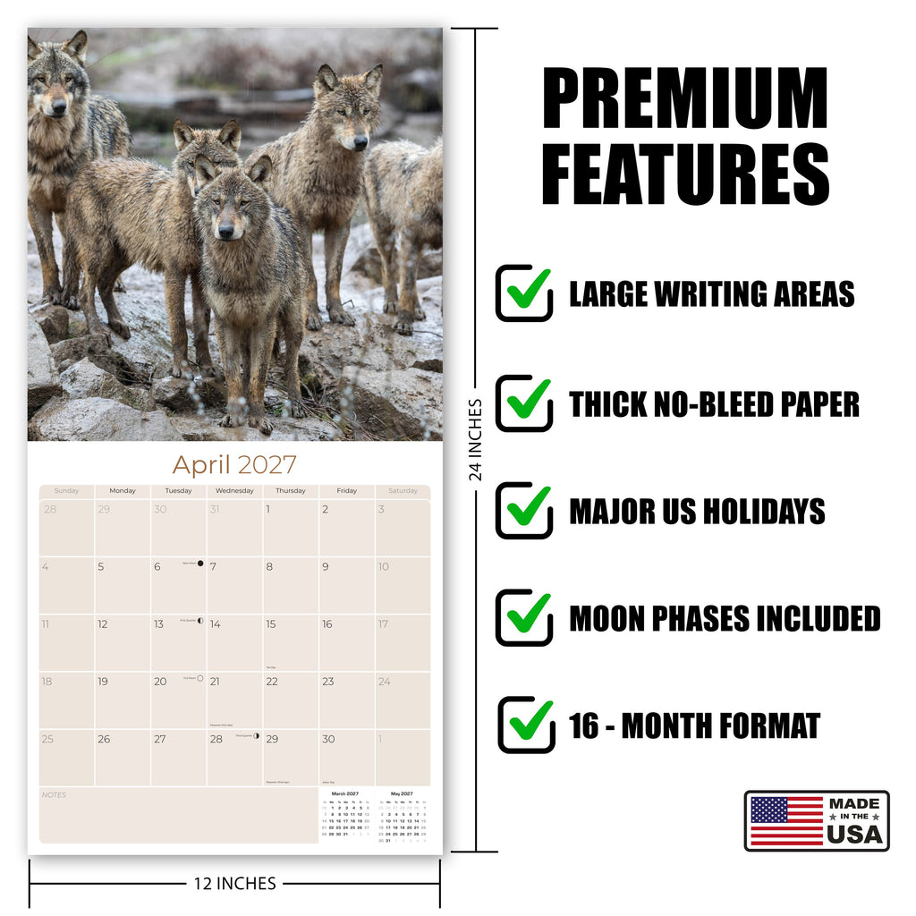 Wolves Wall Calendar 2027 - 12" x 12" Monthly Majestic & Powerful Wild Wolf Wildlife Nature Calendar