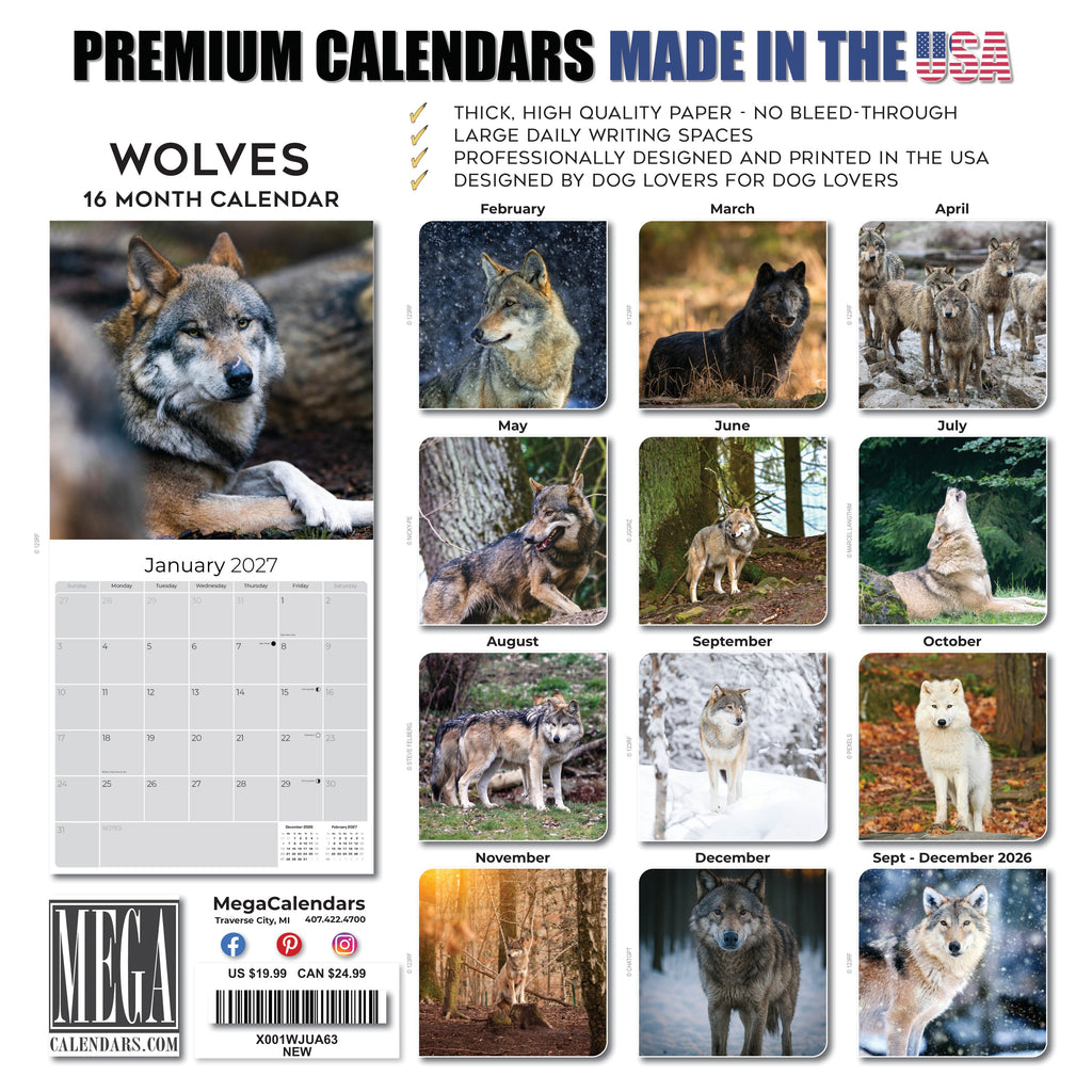 Wolves Wall Calendar 2027 - 12" x 12" Monthly Majestic & Powerful Wild Wolf Wildlife Nature Calendar