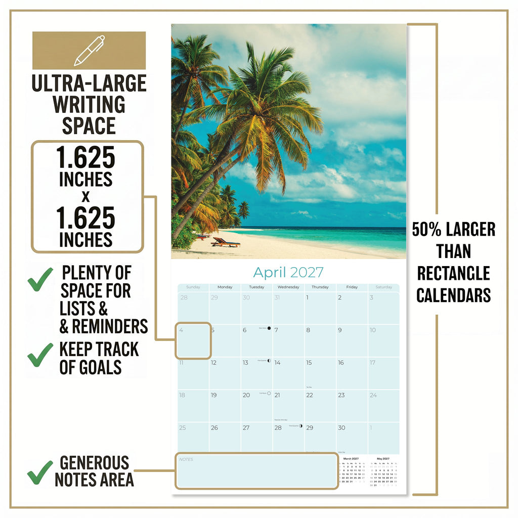 Amazing Beaches Wall Calendar 2027 - 12" x 12" Monthly Breathtaking Tropical Paradise Coastal Scenery Calendar