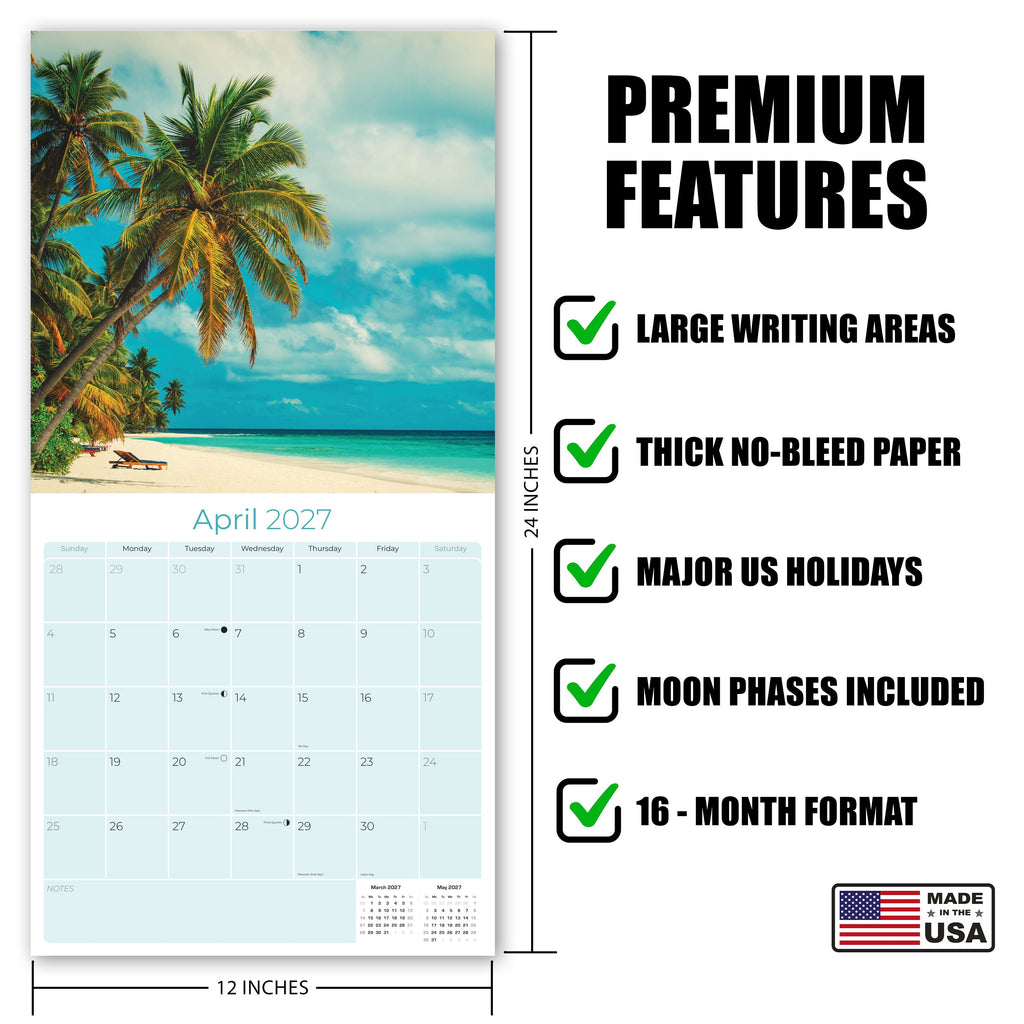 Amazing Beaches Wall Calendar 2027 - 12" x 12" Monthly Breathtaking Tropical Paradise Coastal Scenery Calendar