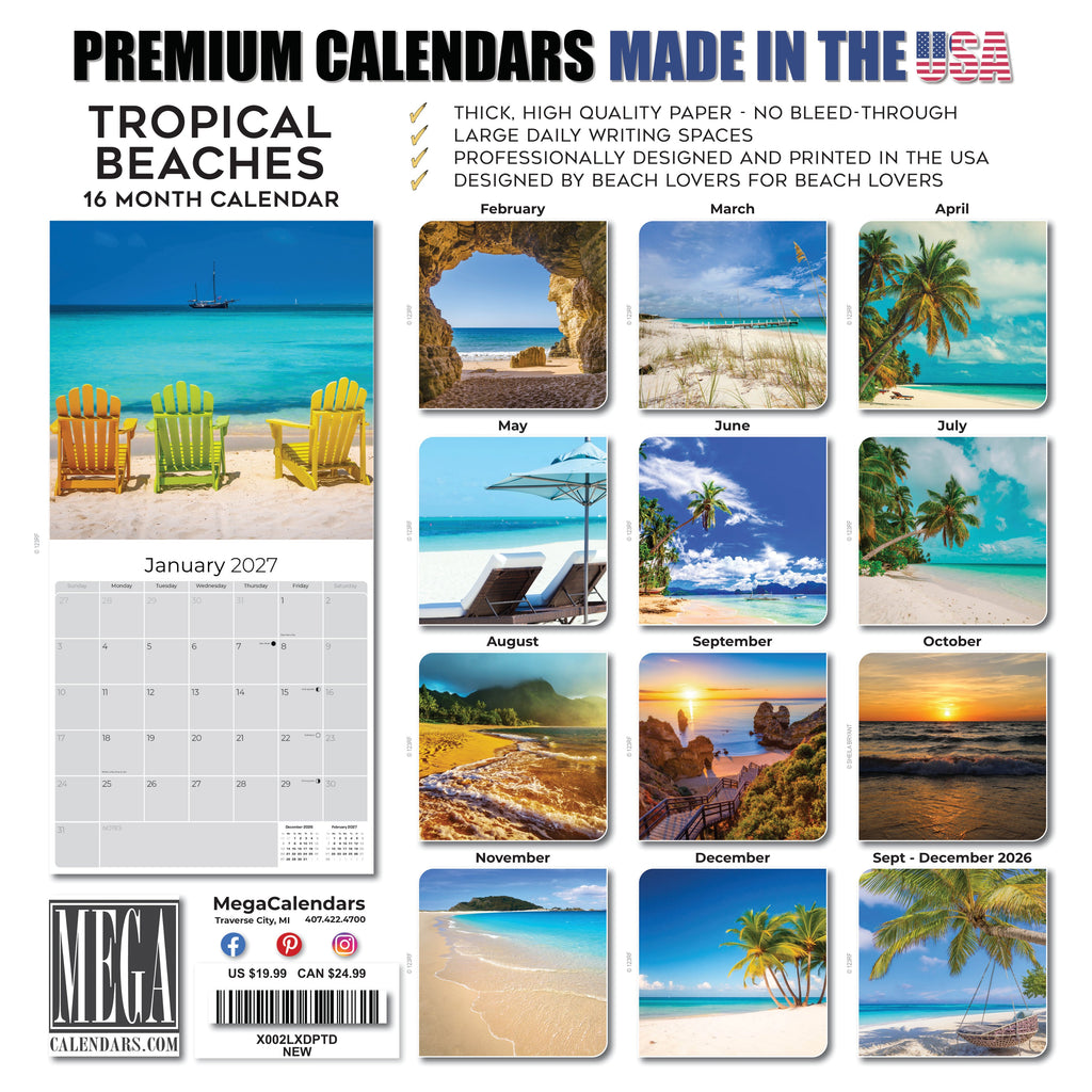 Amazing Beaches Wall Calendar 2027 - 12" x 12" Monthly Breathtaking Tropical Paradise Coastal Scenery Calendar