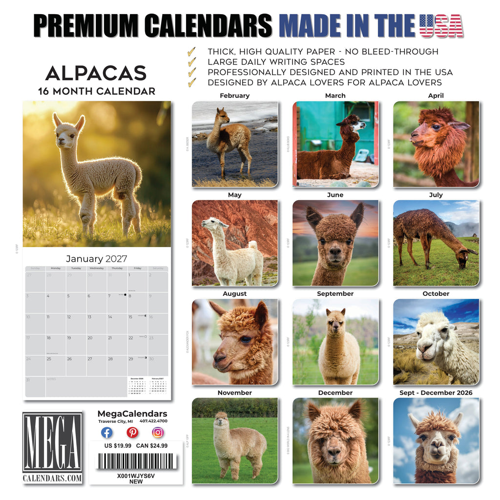 Alpacas Wall Calendar 2027 - 12" x 12" Monthly Farm Animal Herd & Cute Alpaca Art Calendar