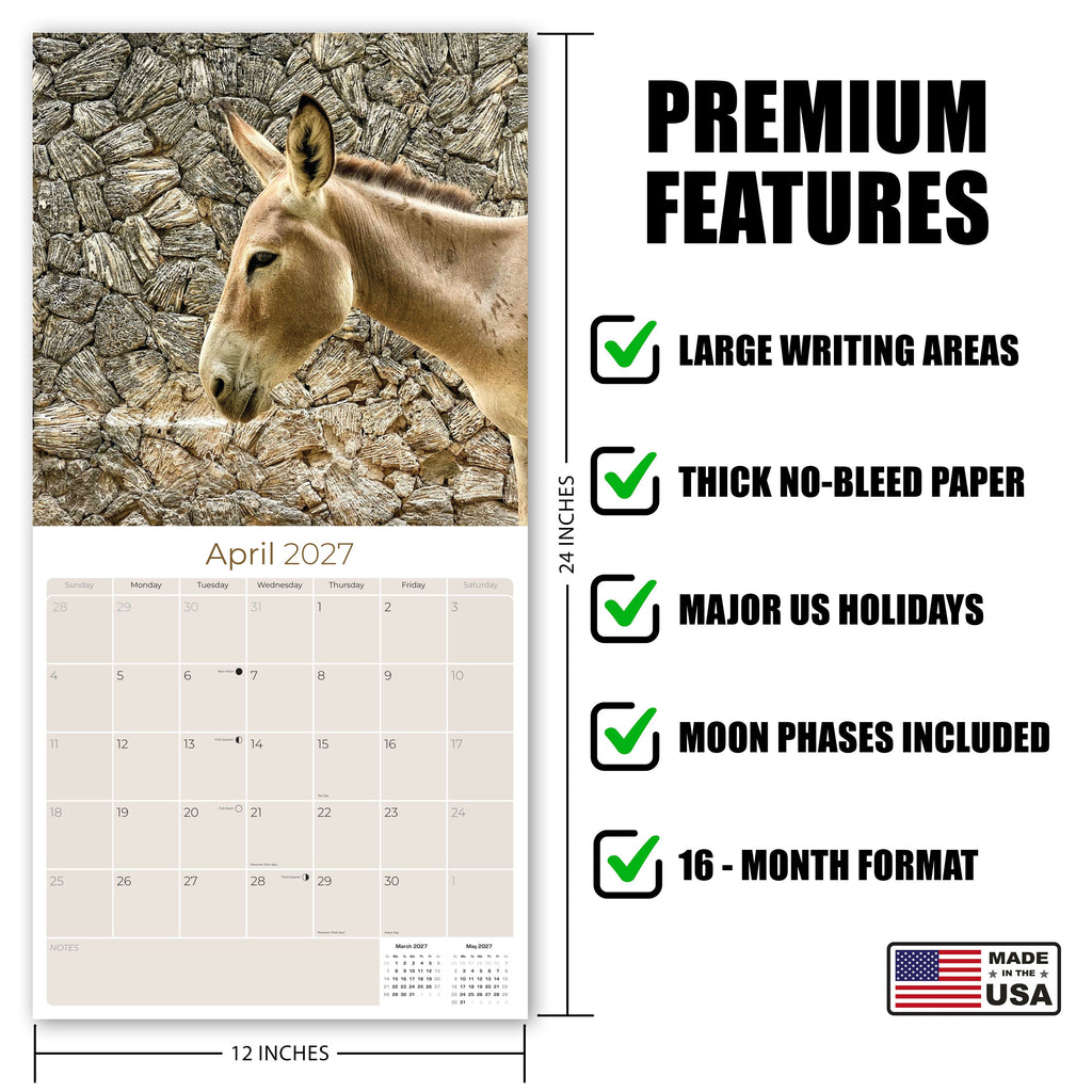Donkeys Wall Calendar 2027 - 12" x 12" Monthly Charming Farm Equine & Long Eared Donkey Calendar
