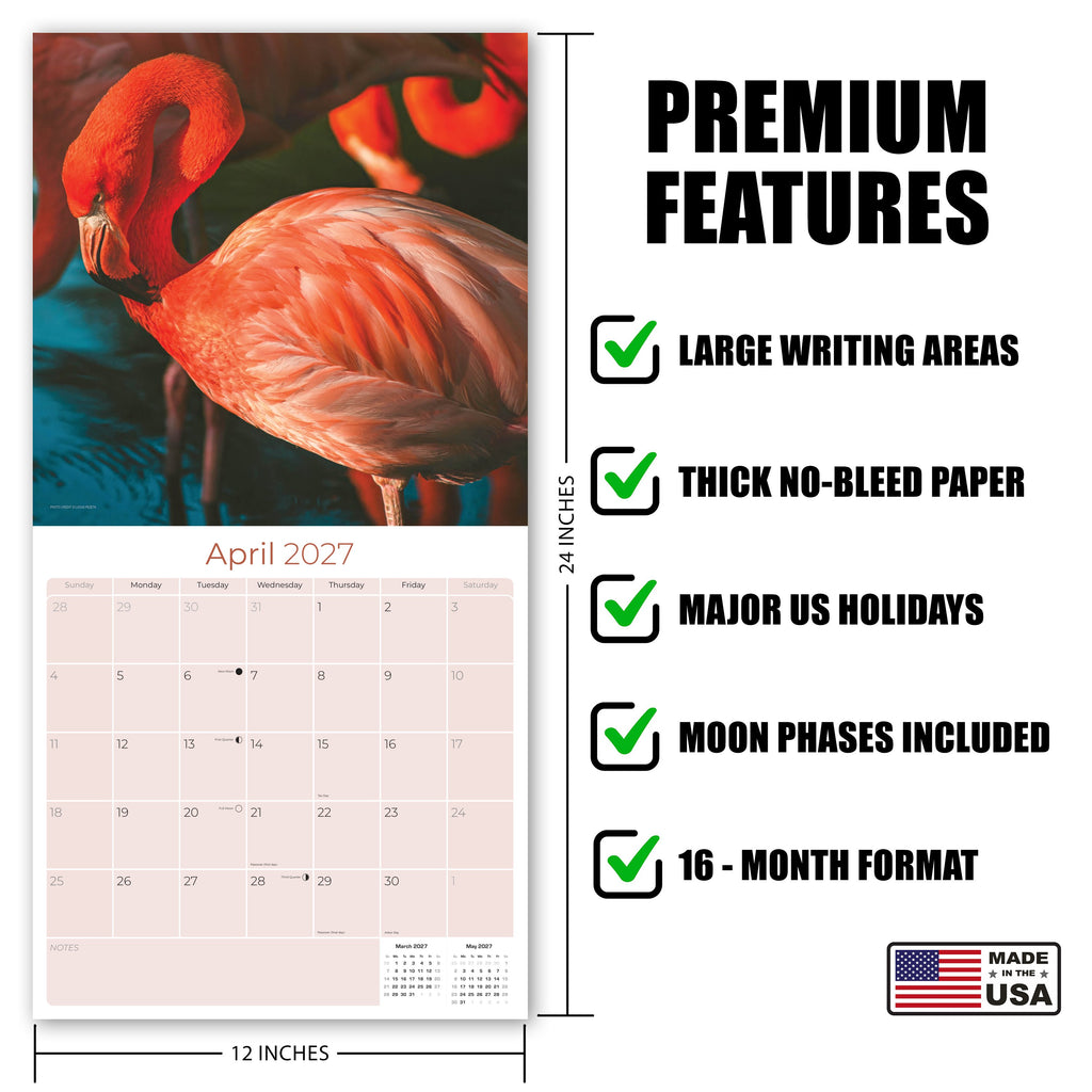 Flamingo Wall Calendar 2027 - 12" x 12" Monthly Vibrant Pink Flamingo Tropical Wading Bird Calendar