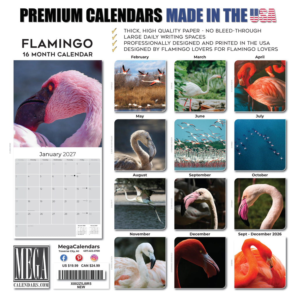 Flamingo Wall Calendar 2027 - 12" x 12" Monthly Vibrant Pink Flamingo Tropical Wading Bird Calendar