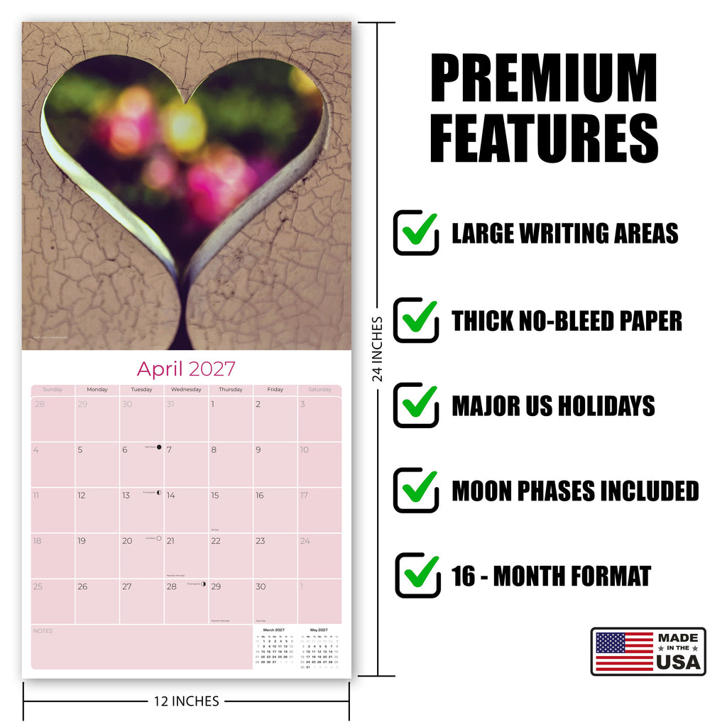 Hearts Wall Calendar 2027 - 12" x 12" Monthly Romantic Imagery & Symbolic Love Art Calendar