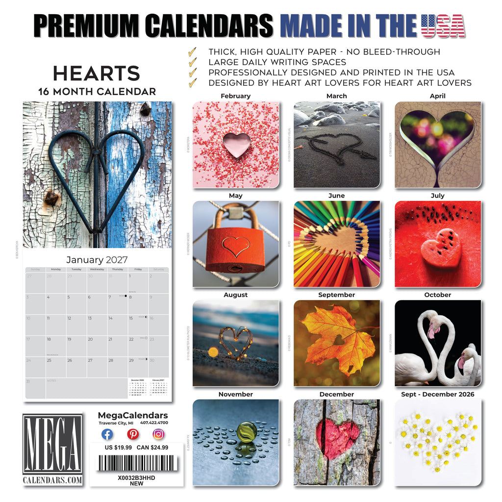 Hearts Wall Calendar 2027 - 12" x 12" Monthly Romantic Imagery & Symbolic Love Art Calendar