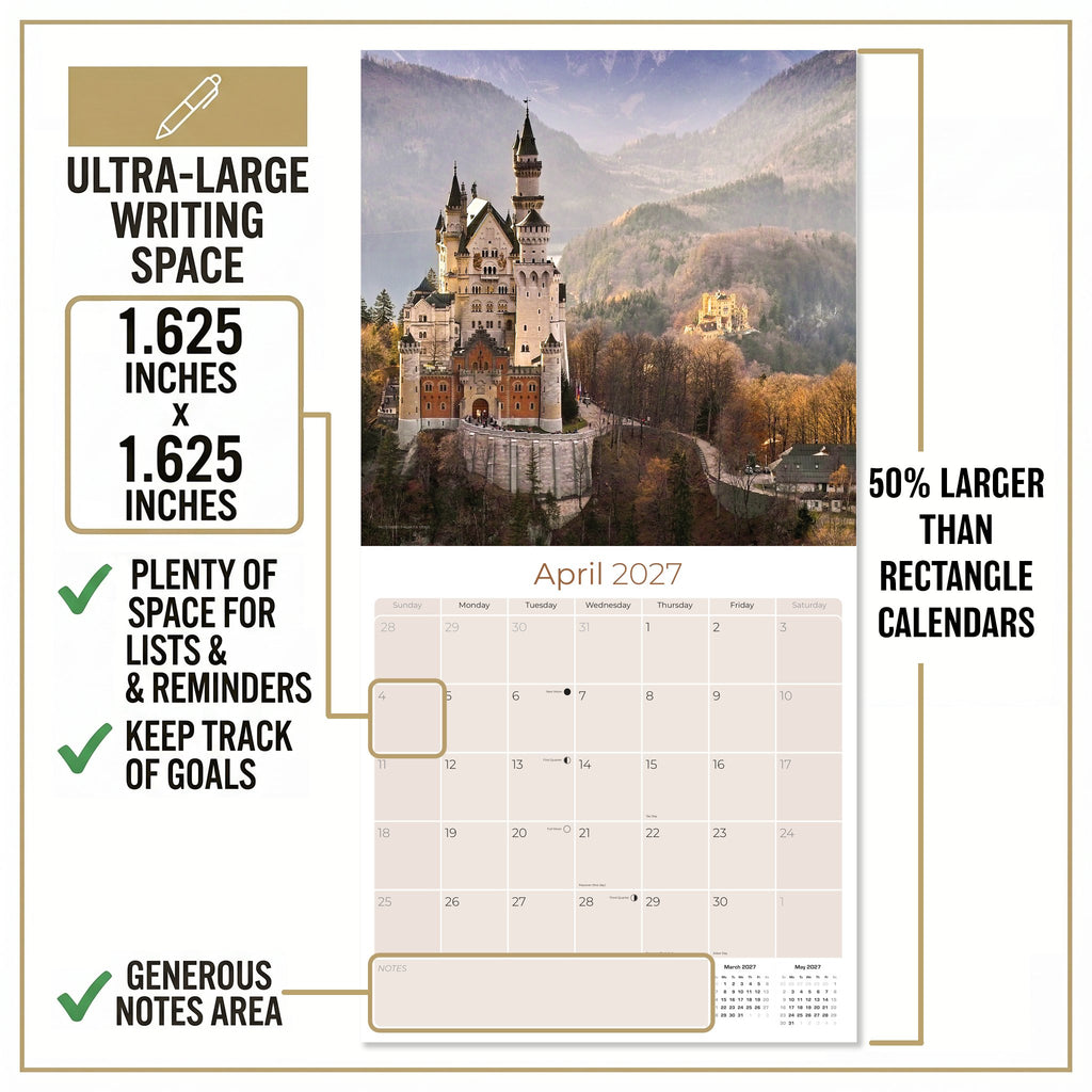 Castles Wall Calendar 2027 - 12" x 12" Monthly Majestic Medieval European Castle Travel Calendar