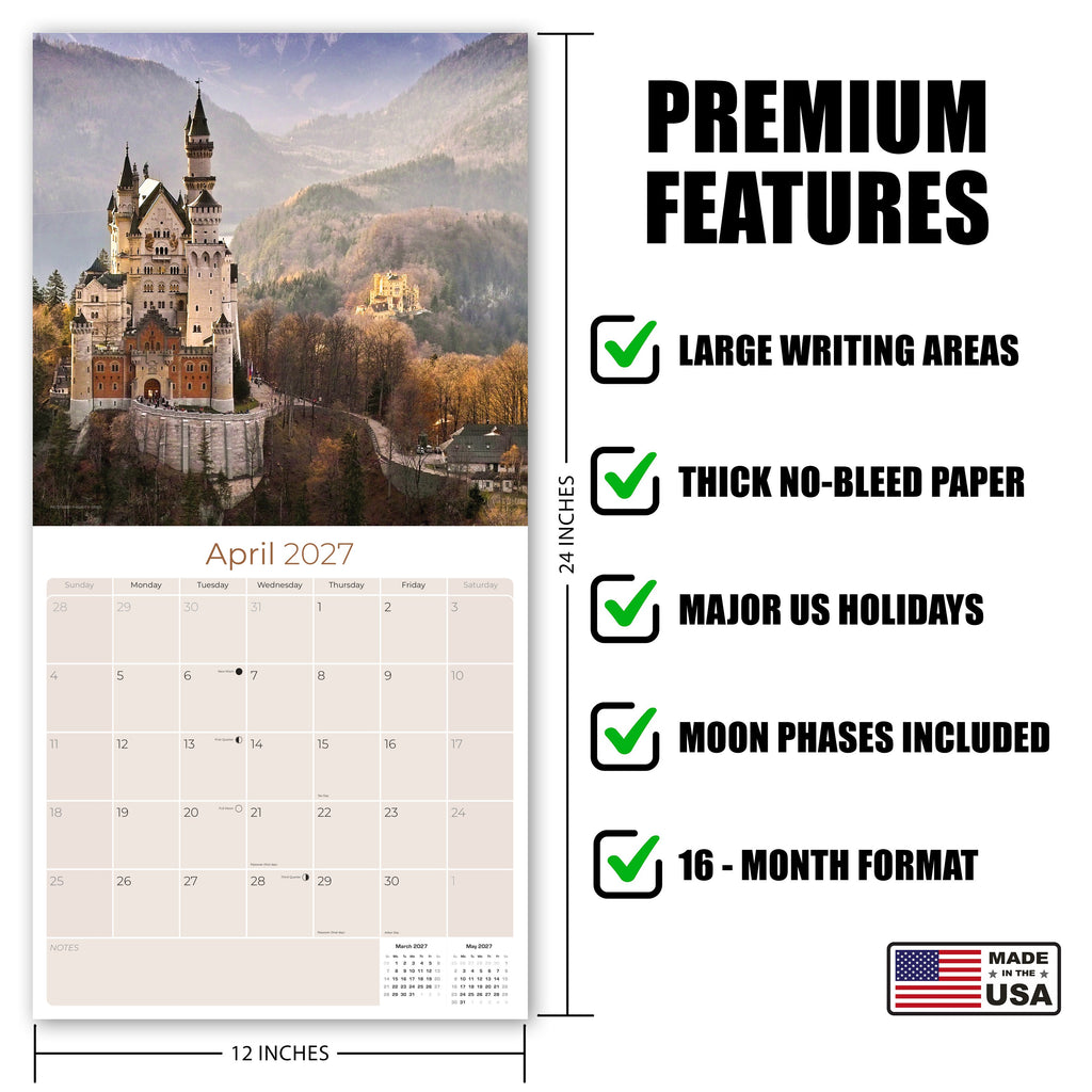 Castles Wall Calendar 2027 - 12" x 12" Monthly Majestic Medieval European Castle Travel Calendar