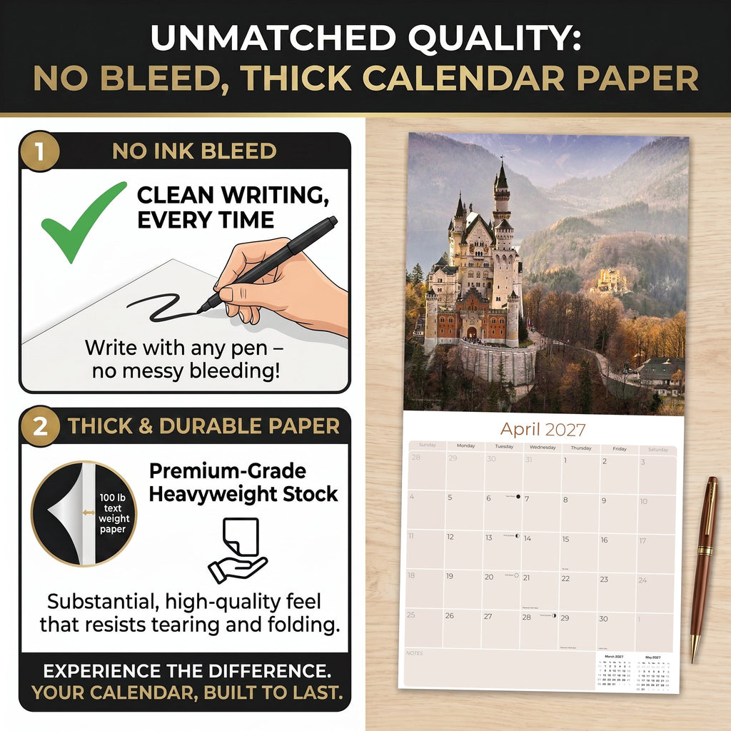 Castles Wall Calendar 2027 - 12" x 12" Monthly Majestic Medieval European Castle Travel Calendar