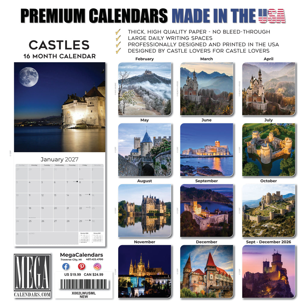Castles Wall Calendar 2027 - 12" x 12" Monthly Majestic Medieval European Castle Travel Calendar