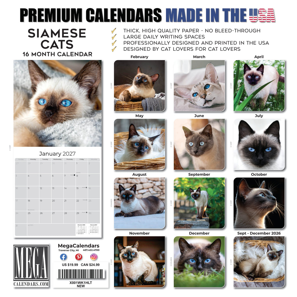 Siamese Cats Wall Calendar 2027 - 12" x 12" Monthly Intelligent & Sleek Blue-Eyed Feline Companion Calendar