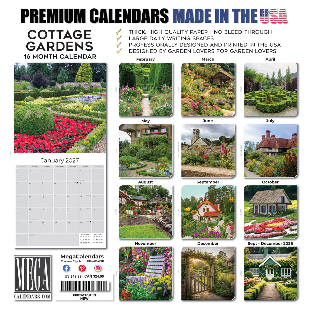 Cottage Gardens Wall Calendar 2027 - 12" x 12" Monthly Beautiful English Country Cottage Floral Scenery Calendar