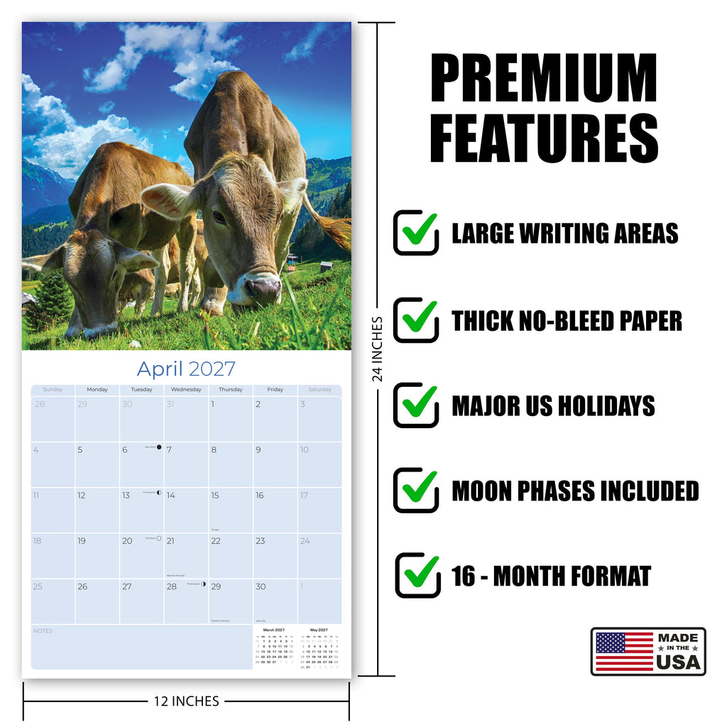 Cows Wall Calendar 2027 - 12" x 12" Monthly Gentle & Pastoral Farm Pasture Cattle Calendar