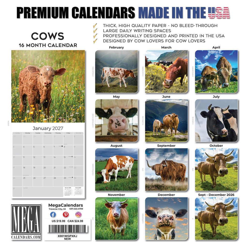Cows Wall Calendar 2027 - 12" x 12" Monthly Gentle & Pastoral Farm Pasture Cattle Calendar