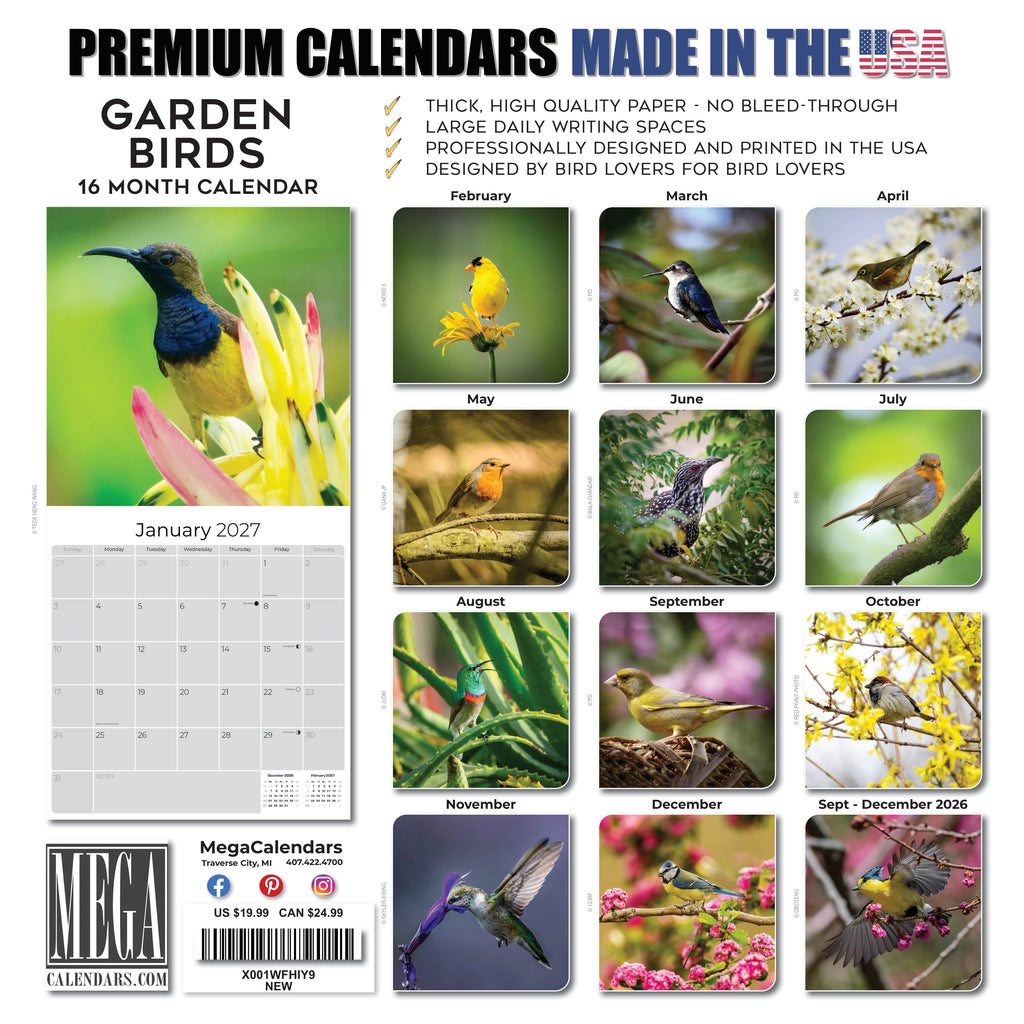 Garden Birds Wall Calendar 2027 - 12" x 12" Monthly Beautiful Songbirds & Colorful Backyard Wild Birds Calendar