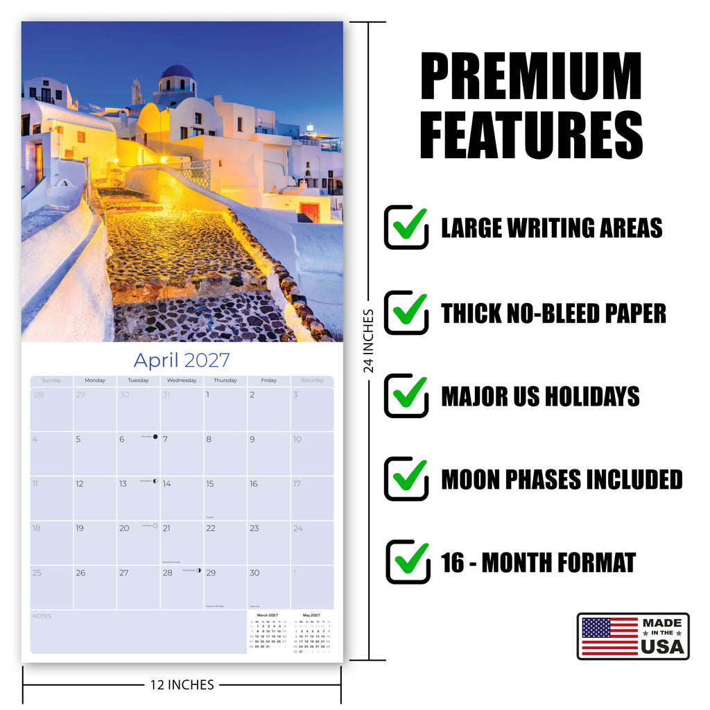Greek Islands Wall Calendar 2027 - 12" x 12" Monthly Breathtaking Mediterranean Aegean Sea Travel Scenery Calendar