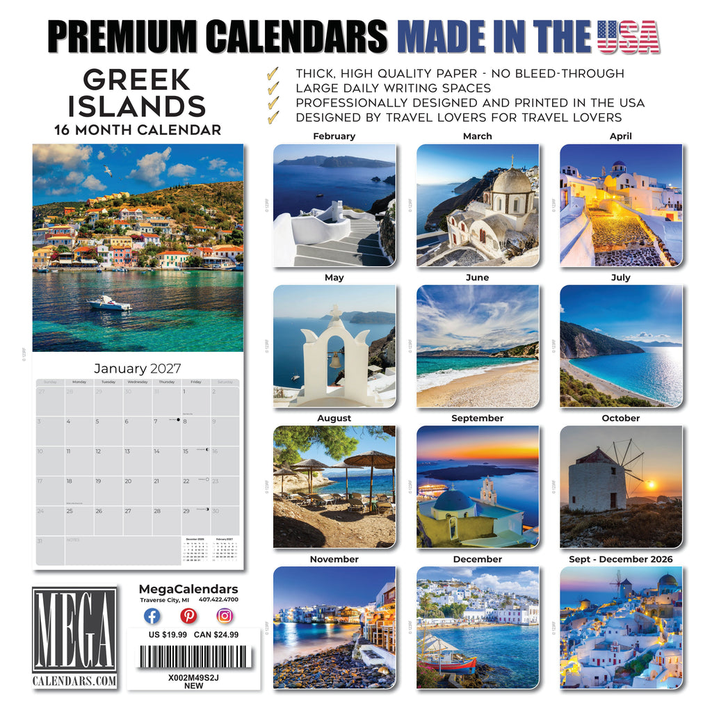Greek Islands Wall Calendar 2027 - 12" x 12" Monthly Breathtaking Mediterranean Aegean Sea Travel Scenery Calendar