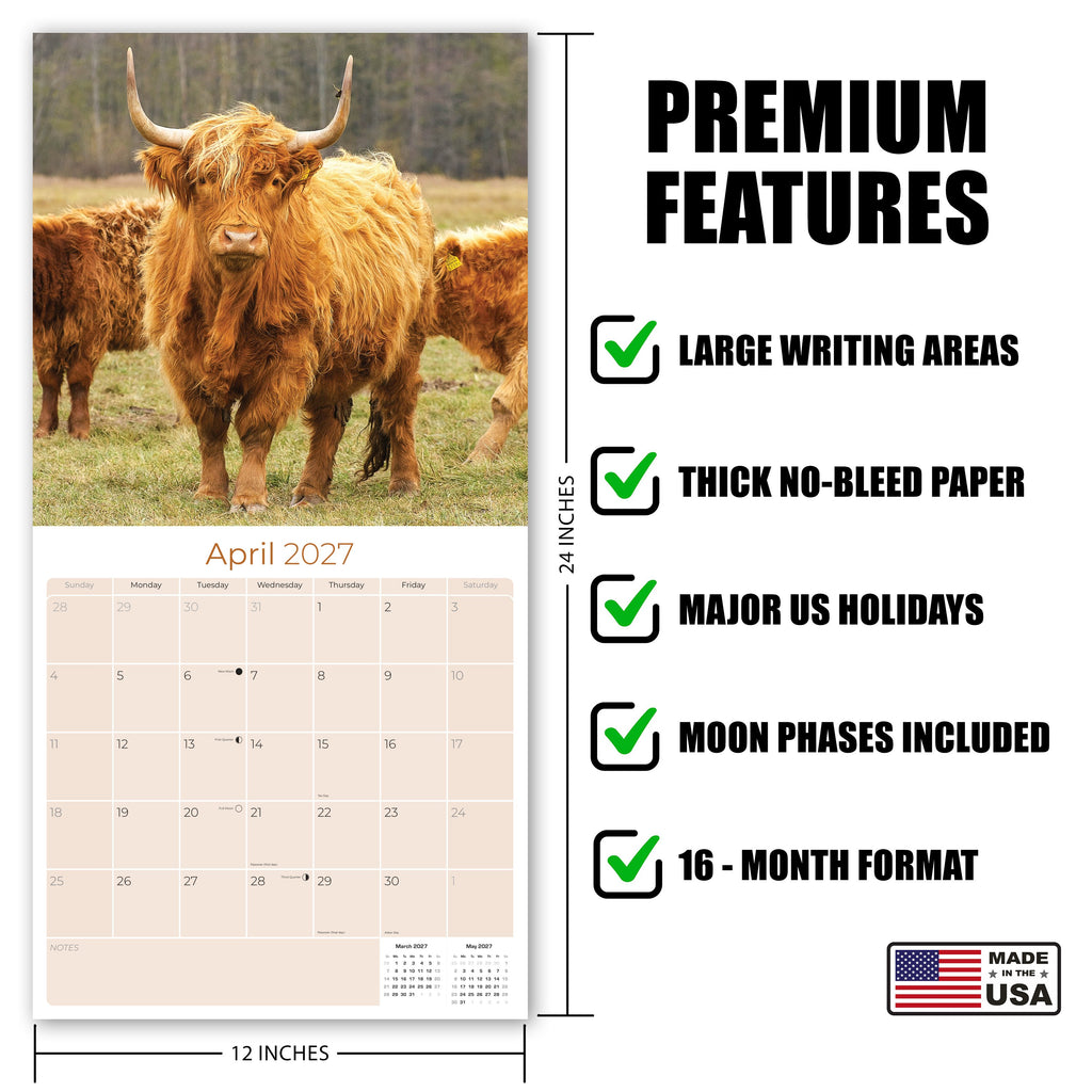 Highland Cows Wall Calendar 2027 - 12" x 12" Monthly Rustic Cattle & Scottish Highland Cow Calendar