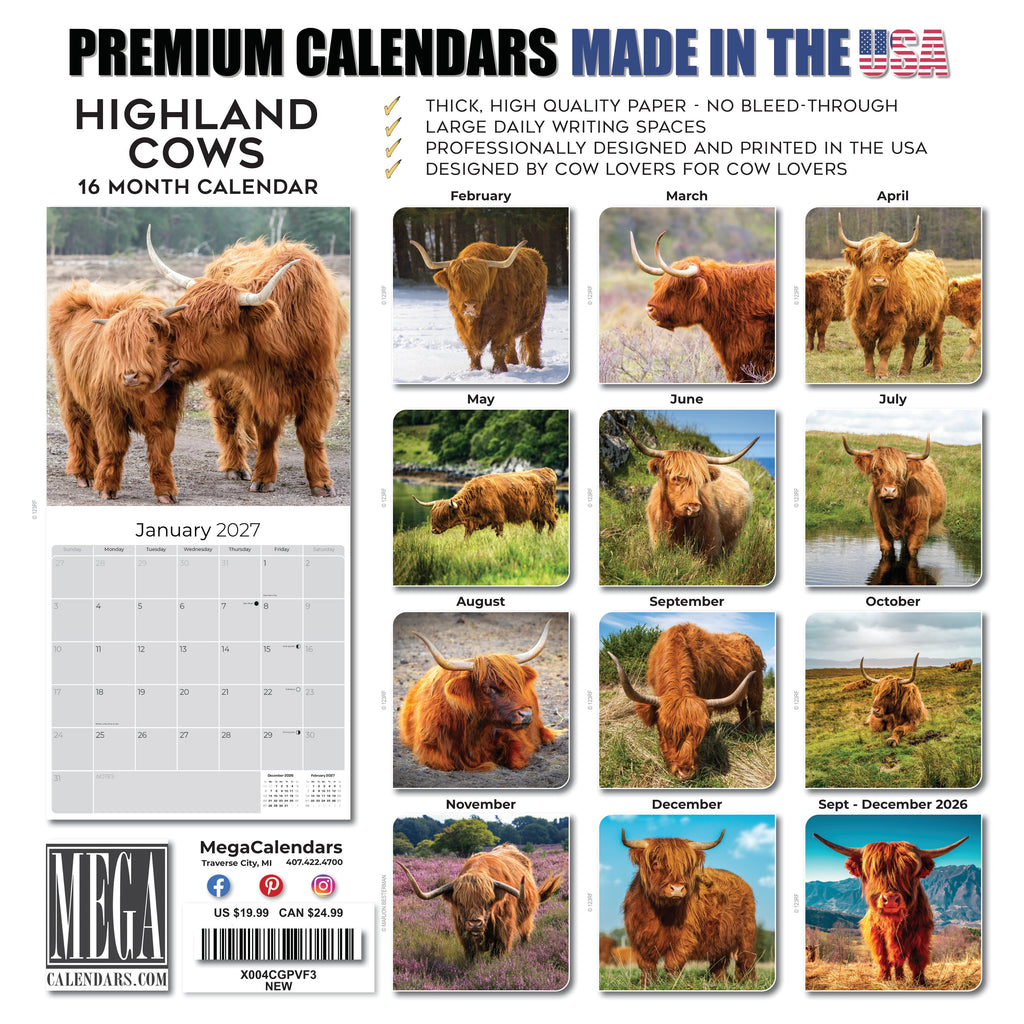 Highland Cows Wall Calendar 2027 - 12" x 12" Monthly Rustic Cattle & Scottish Highland Cow Calendar