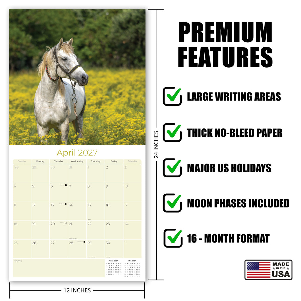 Horses Wall Calendar 2027 - 12" x 12" Monthly Majestic Equine & Galloping Stallion Fine Art Calendar