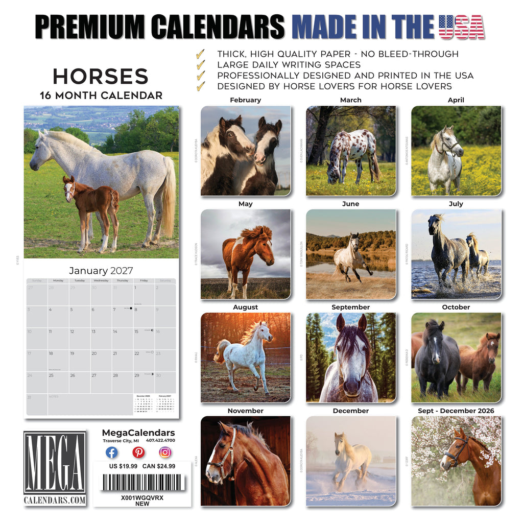 Horses Wall Calendar 2027 - 12" x 12" Monthly Majestic Equine & Galloping Stallion Fine Art Calendar