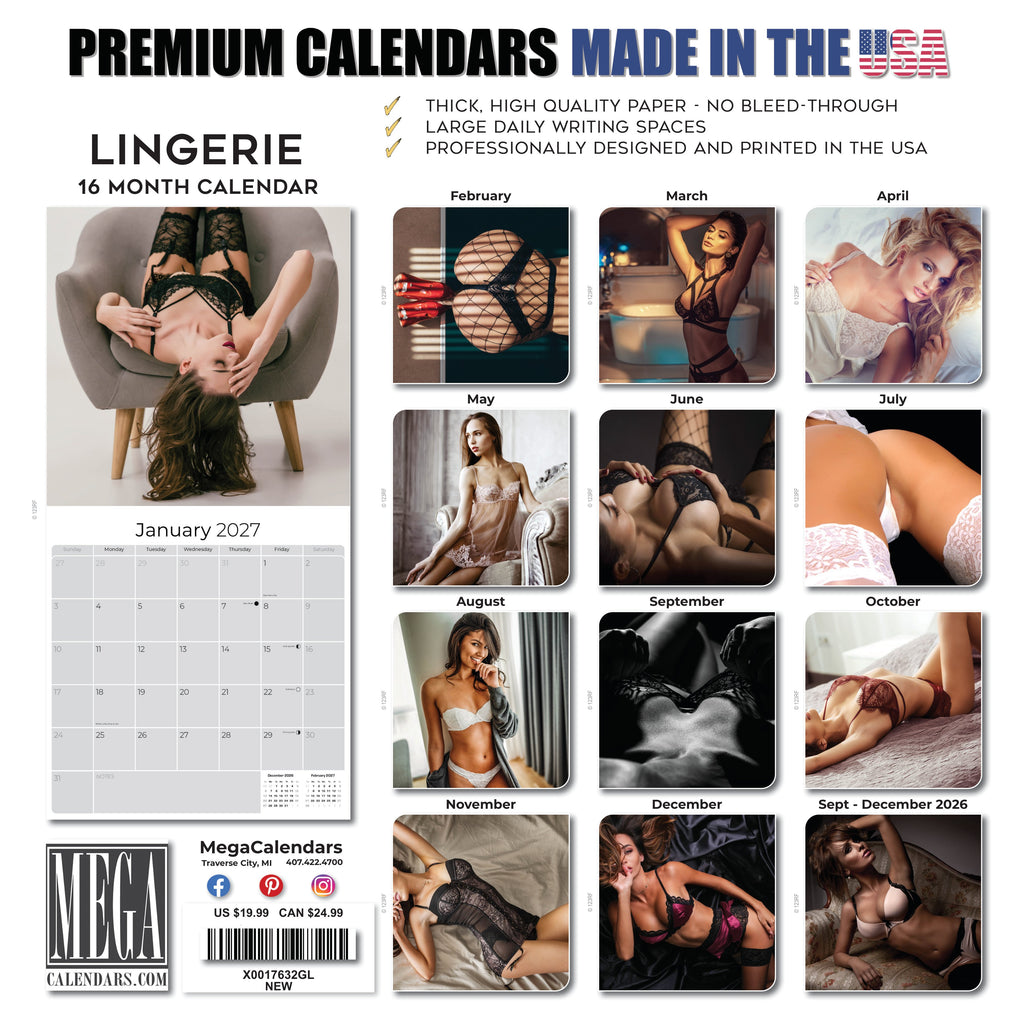 Lingerie Wall Calendar 2027 - 12" x 12" Monthly Elegant Boudoir Photography & Creative Glamour Art Calendar