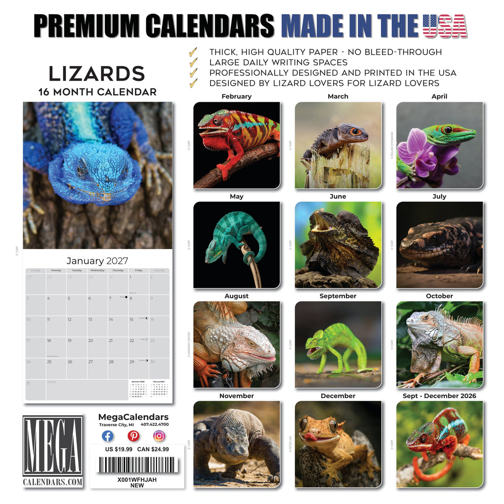 Lizards Wall Calendar 2027 - 12" x 12" Monthly Exotic Reptiles & Colorful Scaled Terrarium Nature Calendar