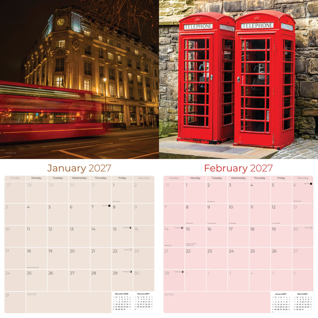 London Wall Calendar 2027 - 12" x 12" Monthly Iconic British Landmark Architecture & Cityscape Travel Calendar