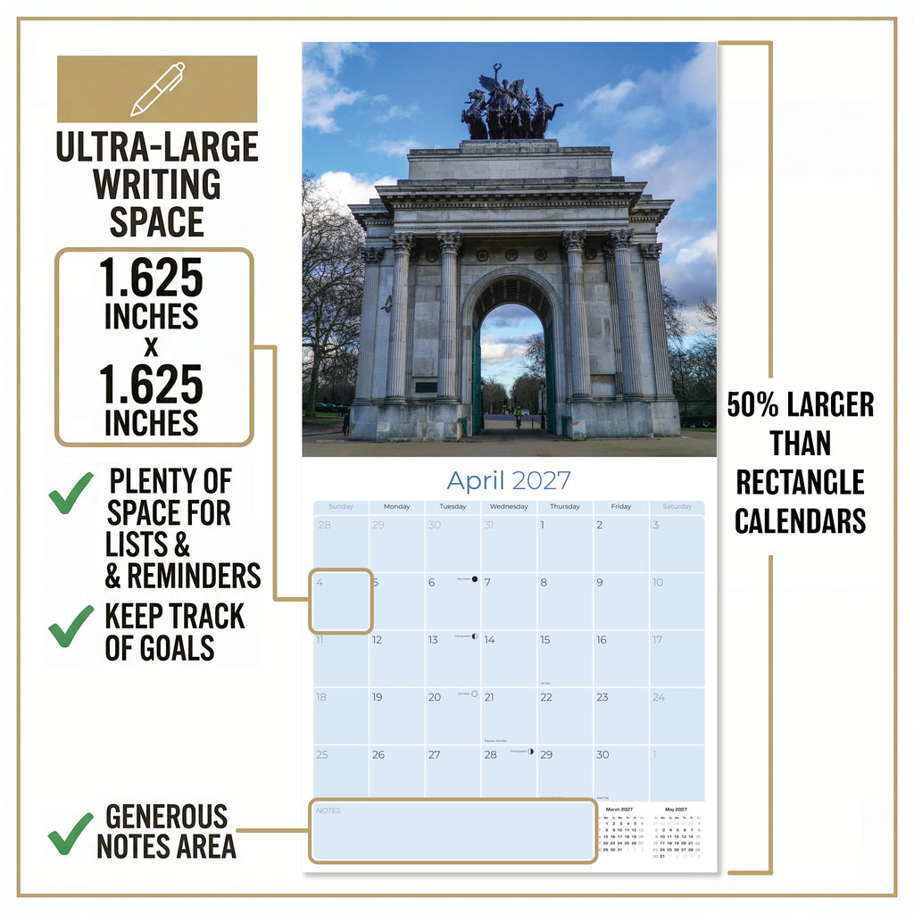 London Wall Calendar 2027 - 12" x 12" Monthly Iconic British Landmark Architecture & Cityscape Travel Calendar